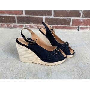 sz 6.5 vintage 70s Sky High BLACK Gum Sole WEDGE HEELS peep toe suede slingback